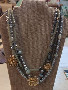 Gold Floral Multi-Strand Beaded Necklace - Gray and Green